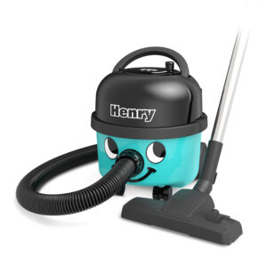 A turquoise and black Henry vacuum cleaner with a smiling face, flexible hose, and floor attachment.